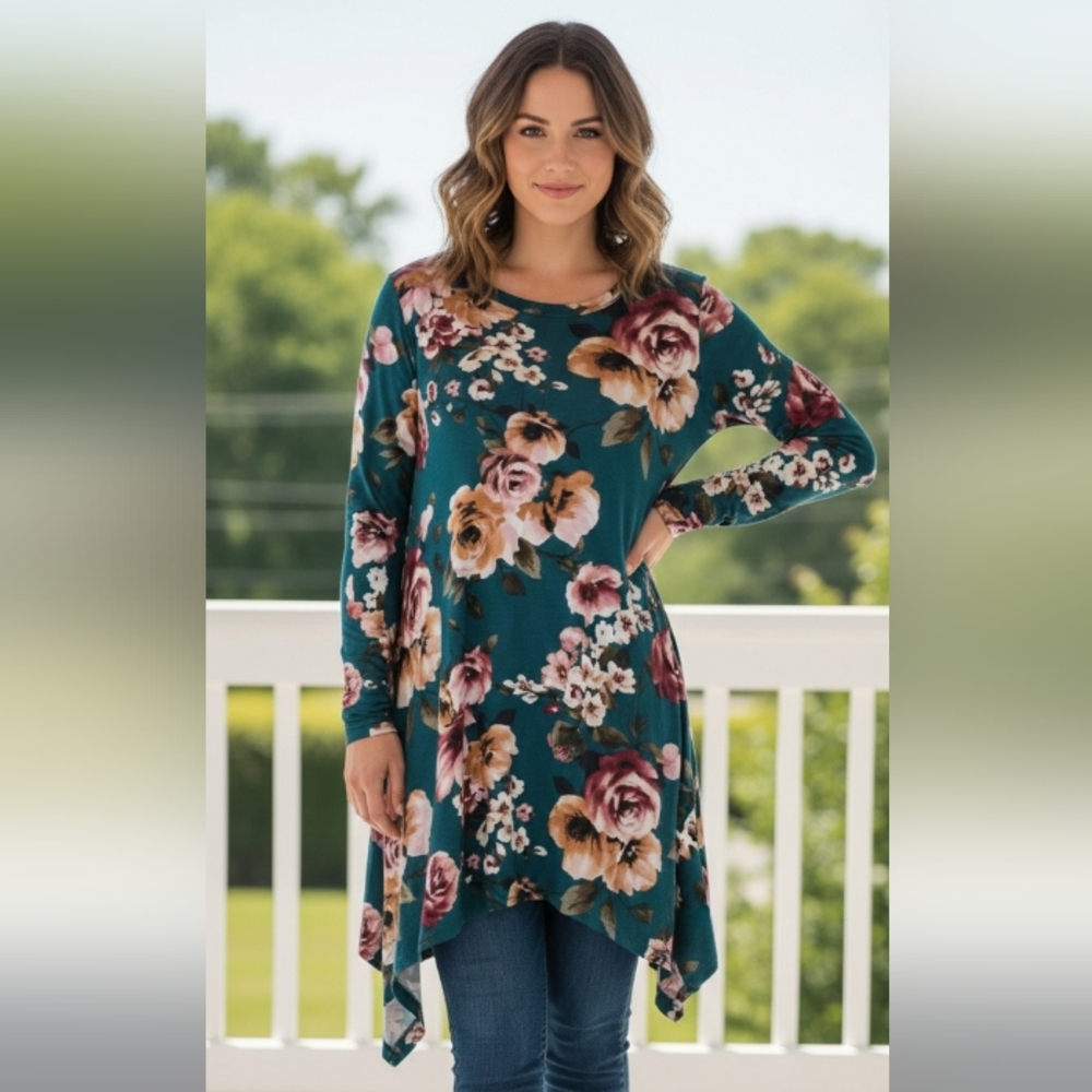 Agnes & Dora Asymmetrical Dress in Teal and Pink Floral